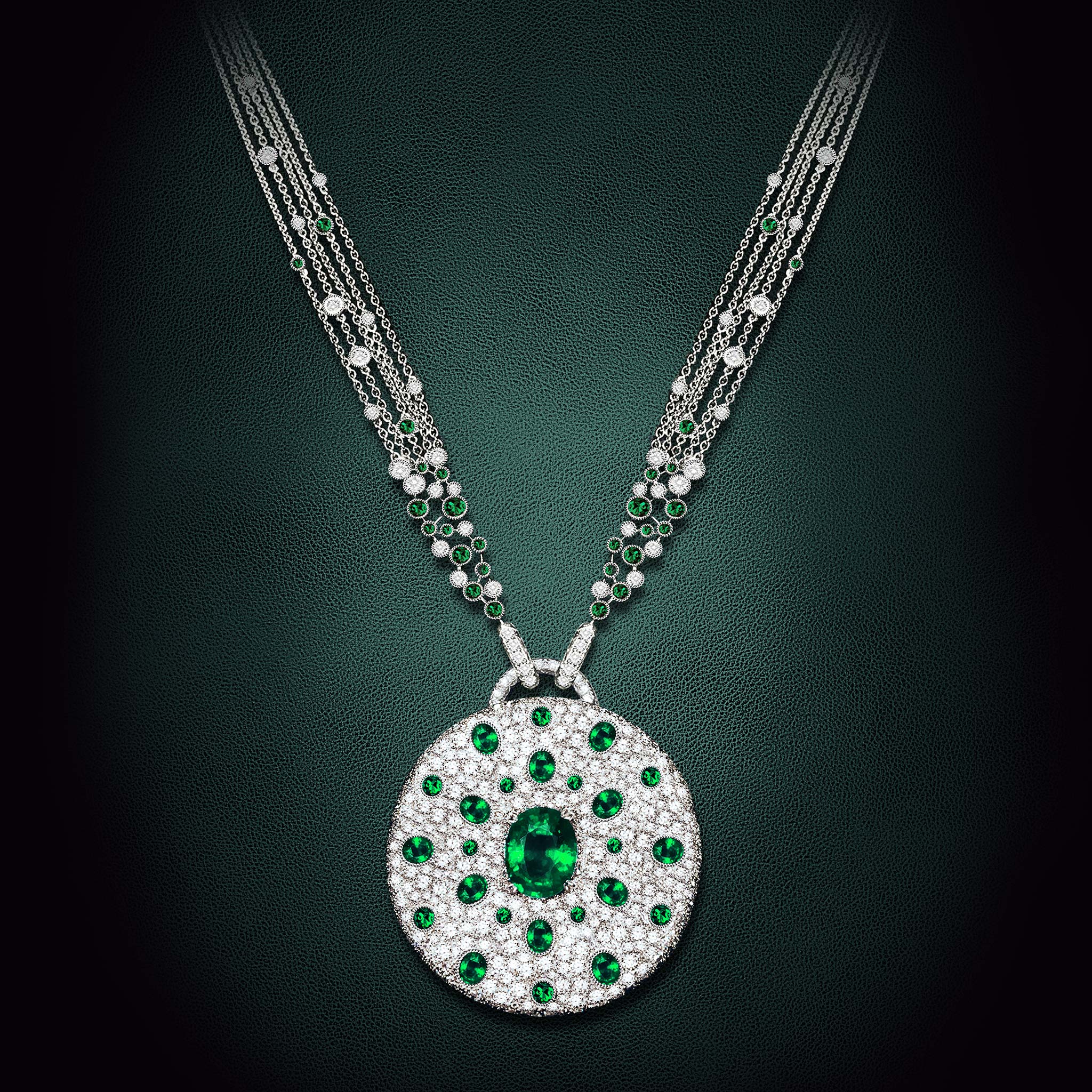 Necklace TALISMAN diamonds, emeralds and green tourmalines