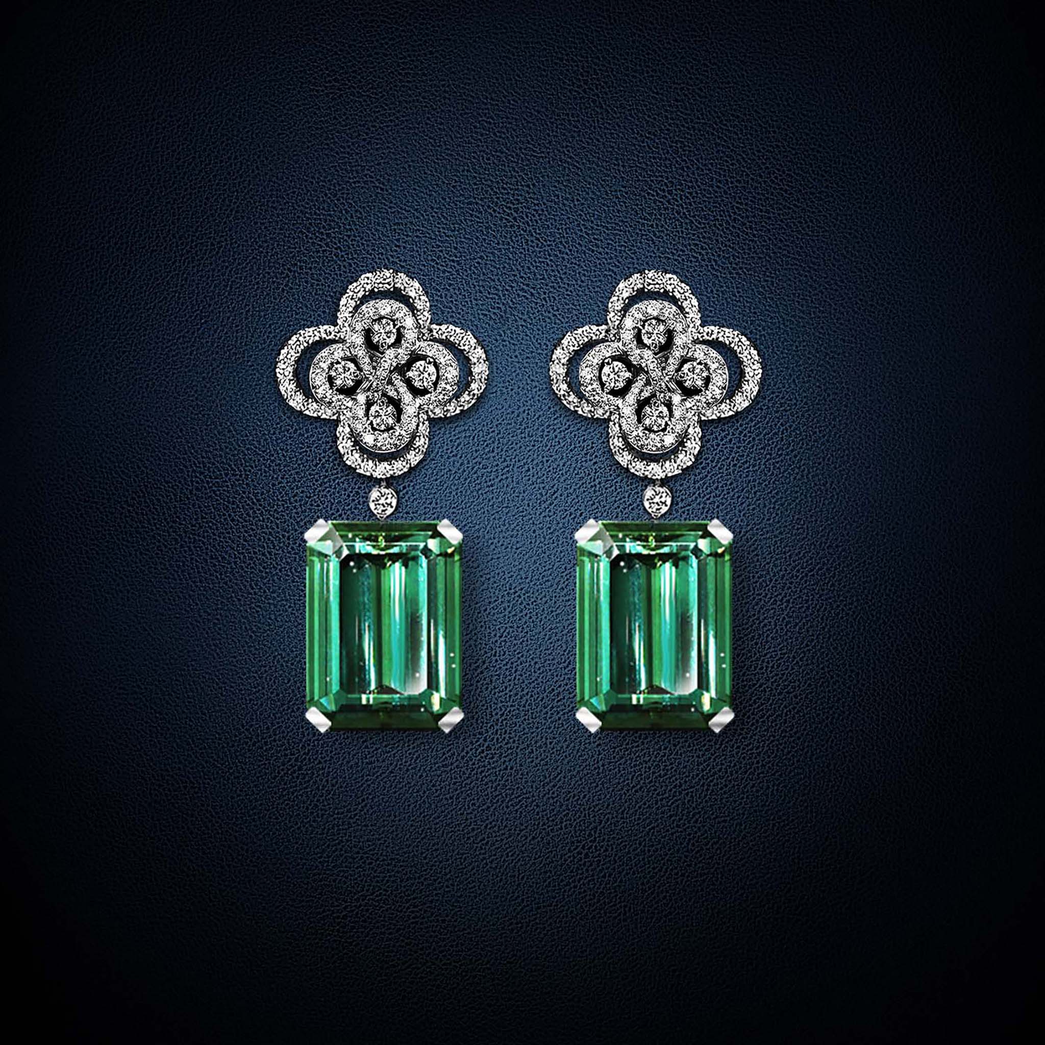 Earrings 8 diamonds and green tourmalines