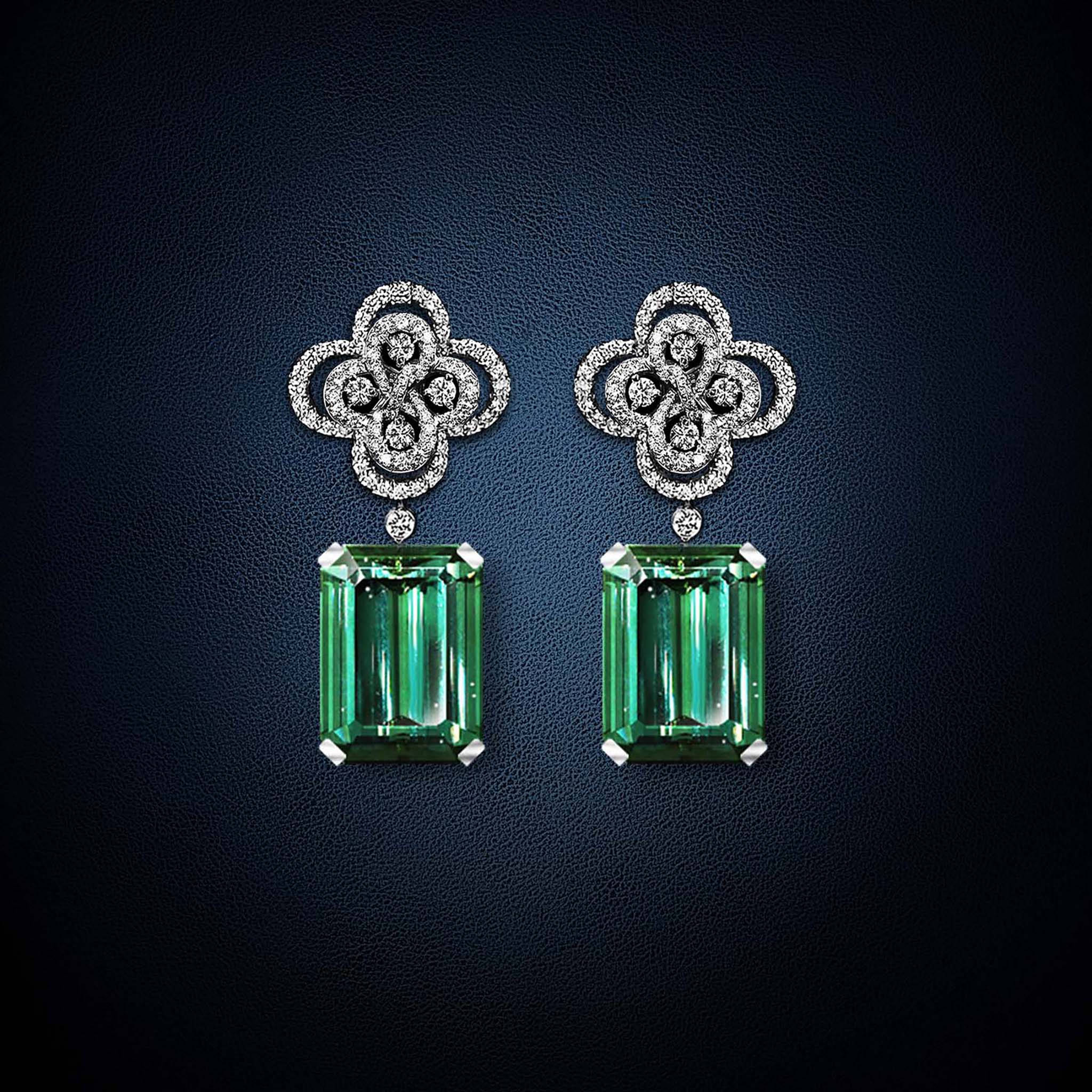 Boucles d’oreilles 8 diamants et tourmalines vertes