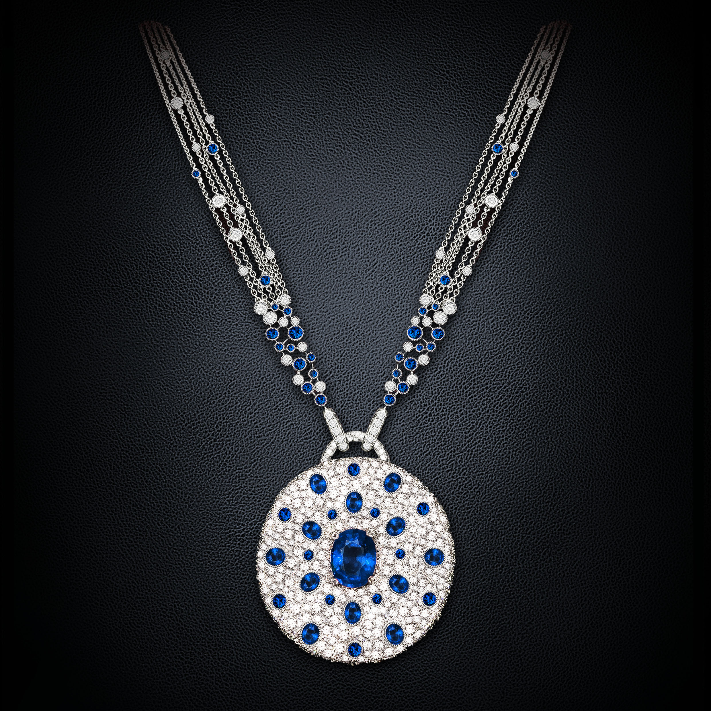 Collier TALISMAN diamants et saphir bleu du Sri Lanka